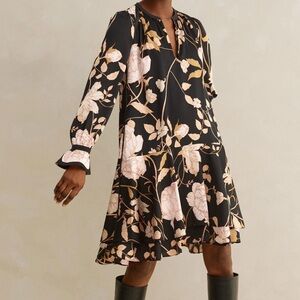 ME+EM Black and Cream Floral Long Sleeve Dress